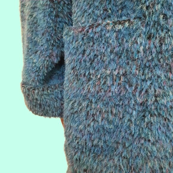 Vintage 80s Wool Mohair Alpaca Coat Fluffy Shaggy Vibrant Blue Mid Length Size M - Picture 5 of 11